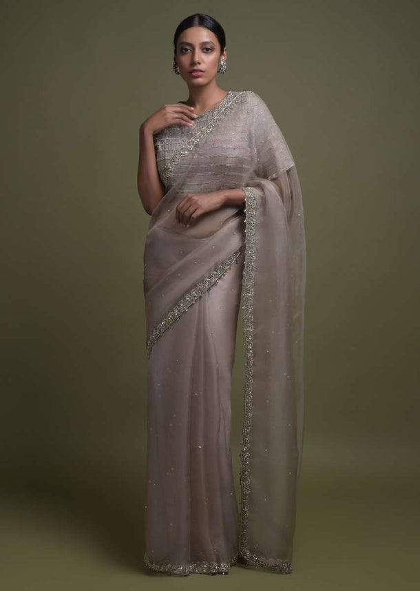 Rhino Grey Saree In Organza With Sequins, Cut Dana And Bead Tassels On The Border Online - Kalki Fashion