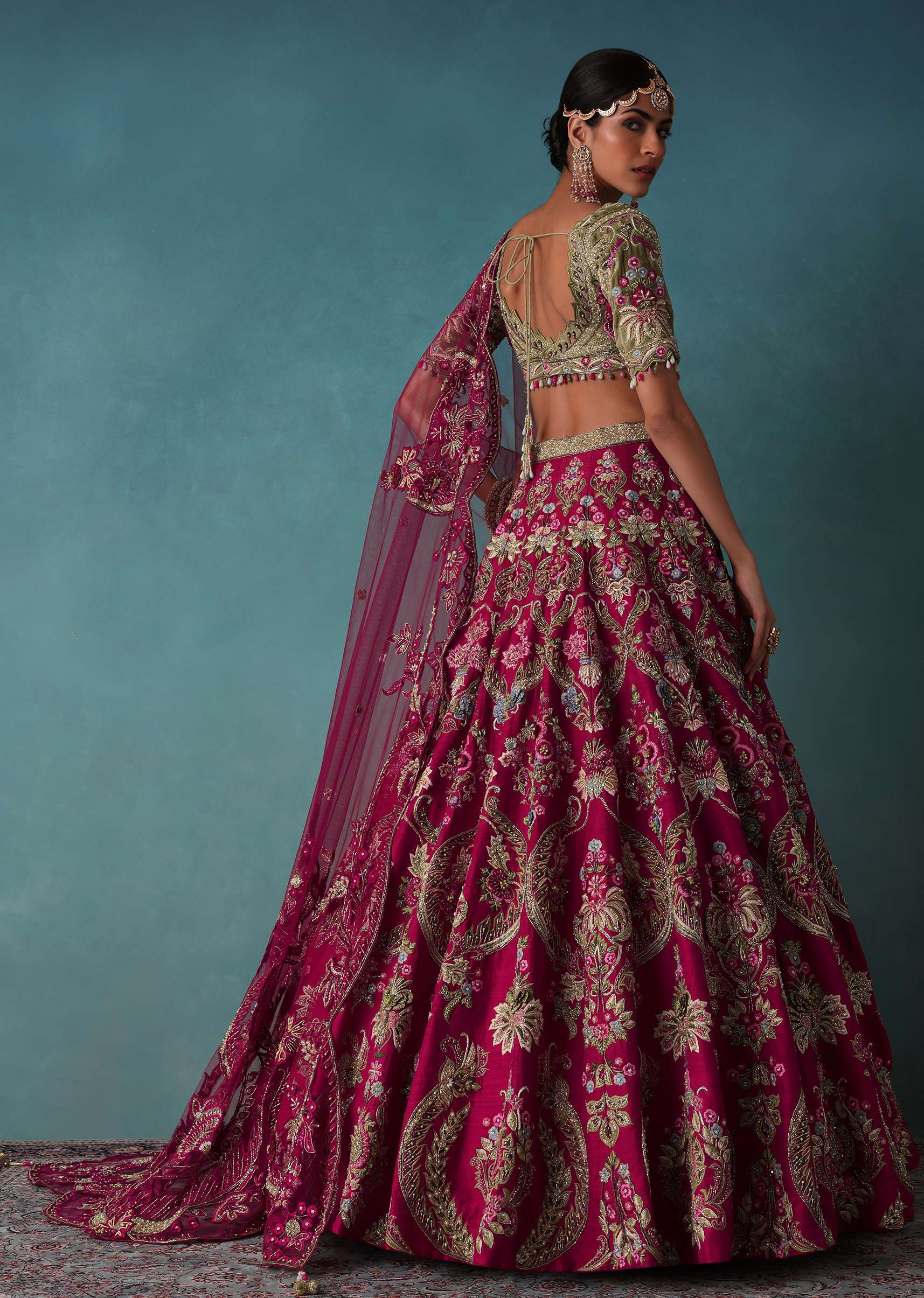 Rhodamine Pink Hand Embroidered Bridal Lehenga Set