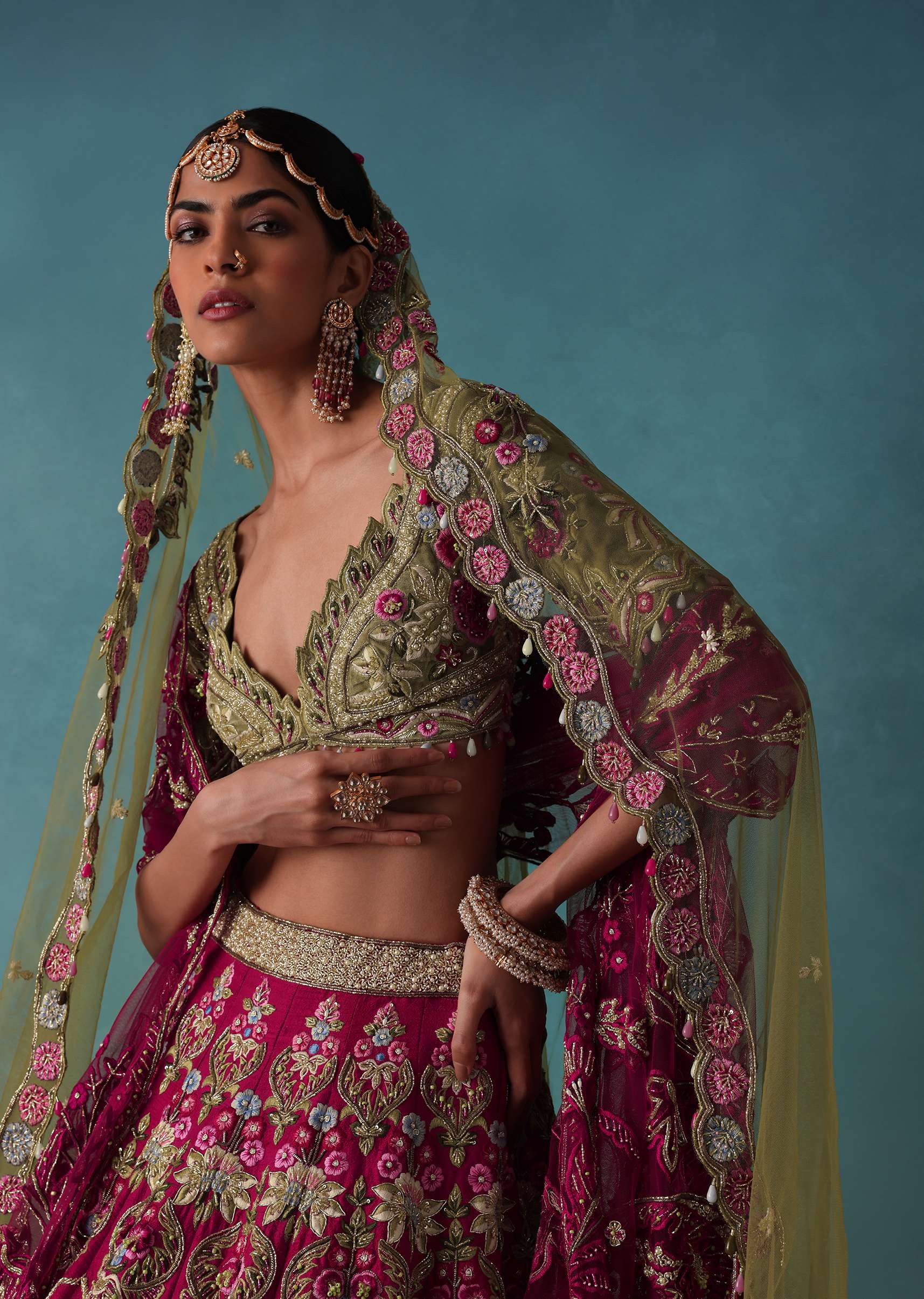 Rhodamine Pink Hand Embroidered Bridal Lehenga Set