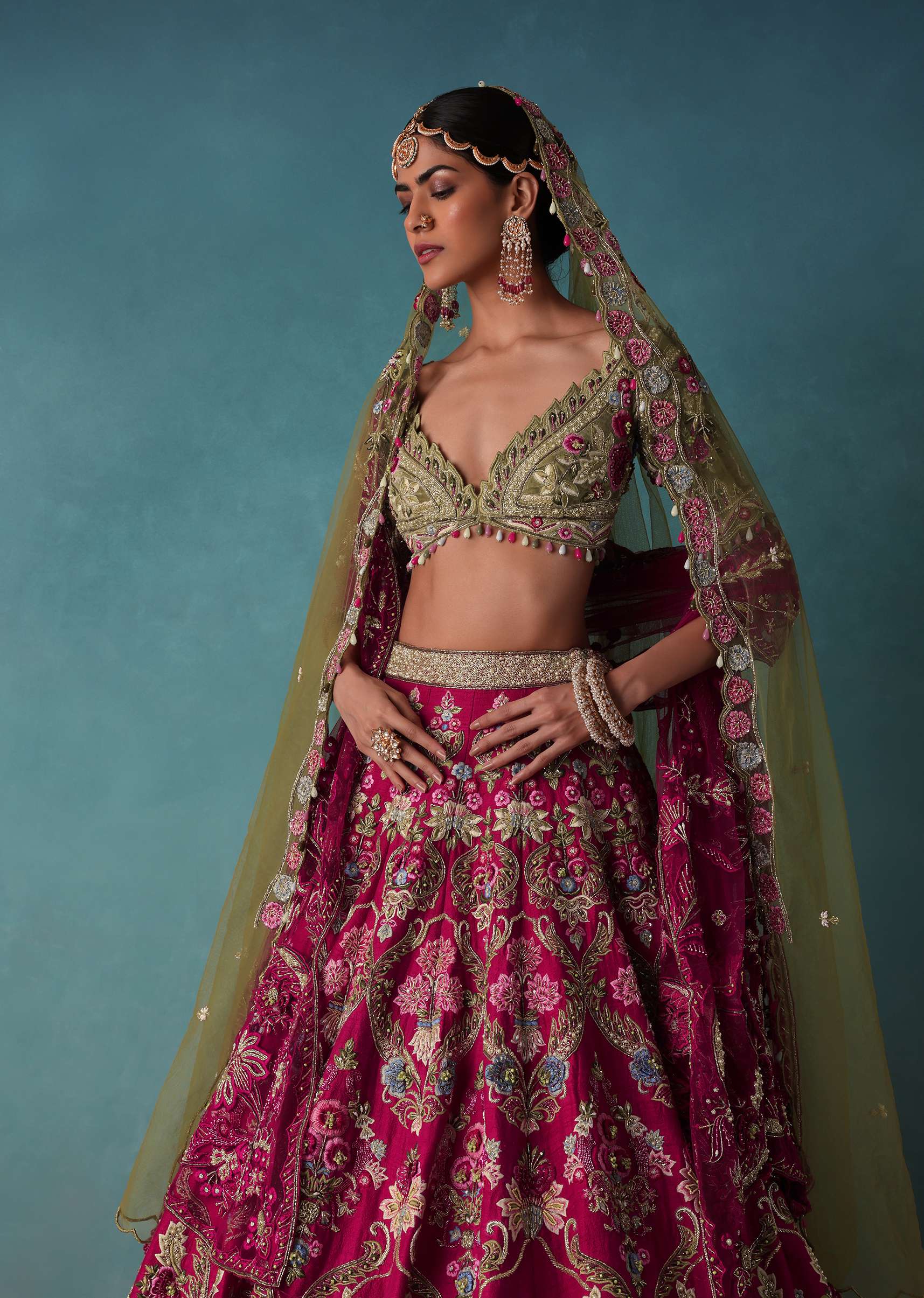 Rhodamine Pink Hand Embroidered Bridal Lehenga Set