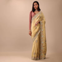 Canary Gold Yellow Saree In Glass Tissue Fabric And Gotta Resham Embroidery With Zardosi, Moti & Sequins