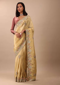 Canary Gold Yellow Saree In Glass Tissue Fabric And Gotta Resham Embroidery With Zardosi, Moti & Sequins