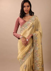 Canary Gold Yellow Saree In Glass Tissue Fabric And Gotta Resham Embroidery With Zardosi, Moti & Sequins