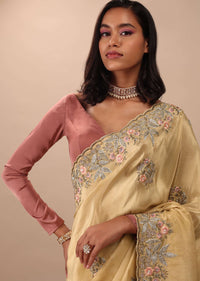 Canary Gold Yellow Saree In Glass Tissue Fabric And Gotta Resham Embroidery With Zardosi, Moti & Sequins