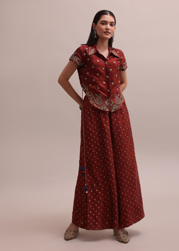 Rich Maroon Silk Embroidered Crop Top And Bandhani Print Pants Co-ord Set