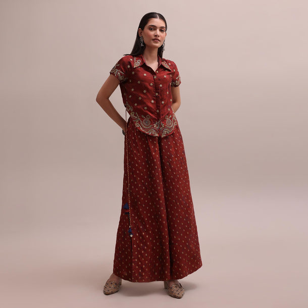 Rich Maroon Silk Embroidered Crop Top And Bandhani Print Pants Co-ord Set