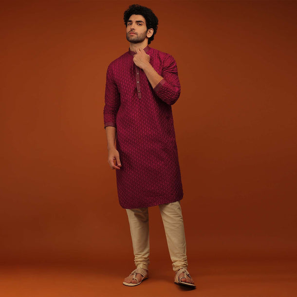 Rio Red Kurta Set In Lucknowi Embroidery