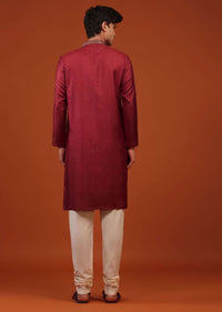 Cherry Red Silk Kurta Set With Embroidery On Yoke