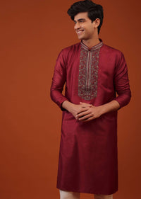 Cherry Red Silk Kurta Set With Embroidery On Yoke