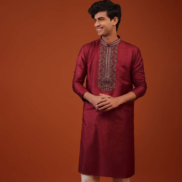 Cherry Red Silk Kurta Set With Embroidery On Yoke