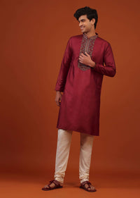 Cherry Red Silk Kurta Set With Embroidery On Yoke