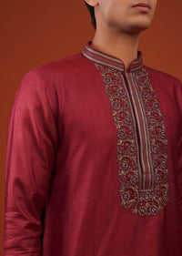 Cherry Red Silk Kurta Set With Embroidery On Yoke