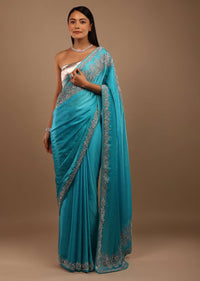 River Blue Satin Saree With Swarovski Stone Work In A Floral Pattern