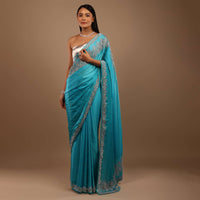 River Blue Satin Saree With Swarovski Stone Work In A Floral Pattern