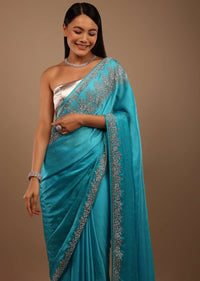 River Blue Satin Saree With Swarovski Stone Work In A Floral Pattern