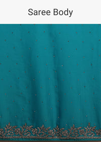 River Blue Satin Saree With Swarovski Stone Work In A Floral Pattern