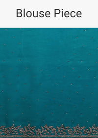 River Blue Satin Saree With Swarovski Stone Work In A Floral Pattern