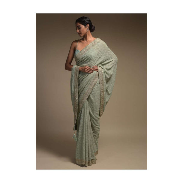 Romaine Green Saree In Georgette With Lucknowi Thread Work In Moroccan Mesh Pattern With Floral Buttis Online - Kalki Fashion