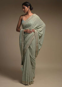 Romaine Green Saree In Georgette With Lucknowi Thread Work In Moroccan Mesh Pattern With Floral Buttis Online - Kalki Fashion