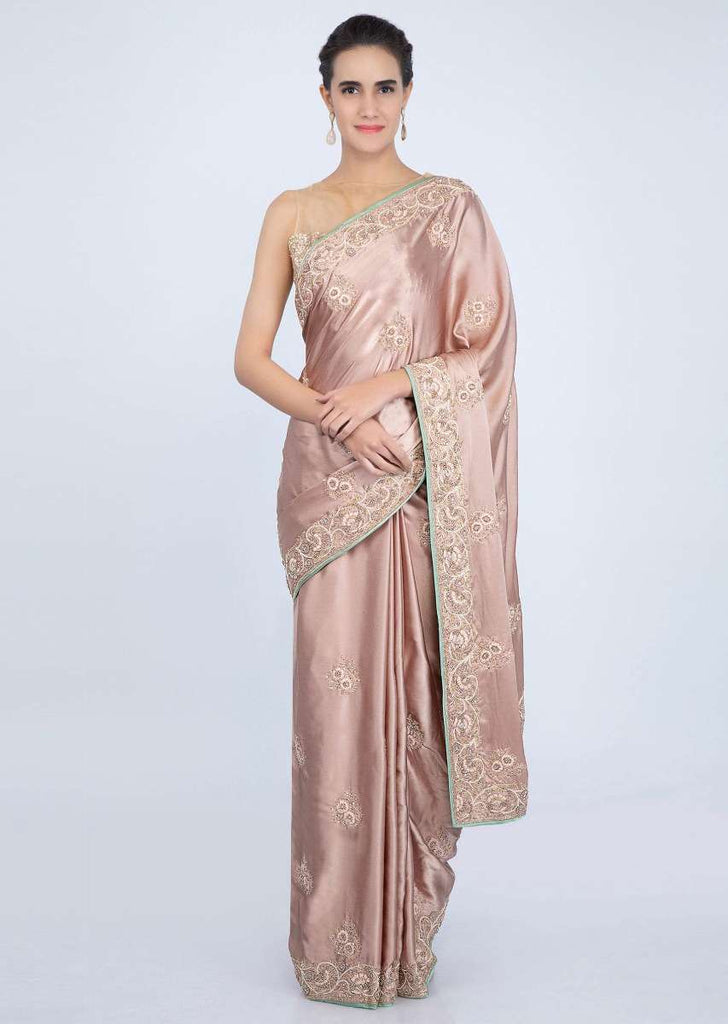 Rose Gold Saree In Satin With Embroidered Butti And Border Online - Kalki Fashion