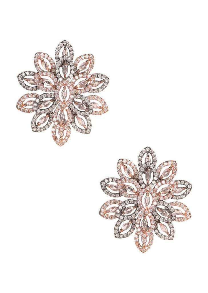 Rose Gold And Grey Studs In Floral Pattern With Stone And Crystal Work Online - Kalki Fashion