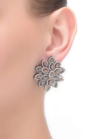 Rose Gold And Grey Studs In Floral Pattern With Stone And Crystal Work Online - Kalki Fashion
