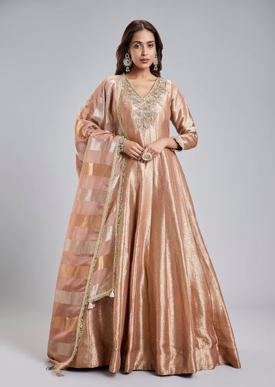 Rose Gold Brocade Anarkali Set With Zardosi Neckline And Striped Dupatta