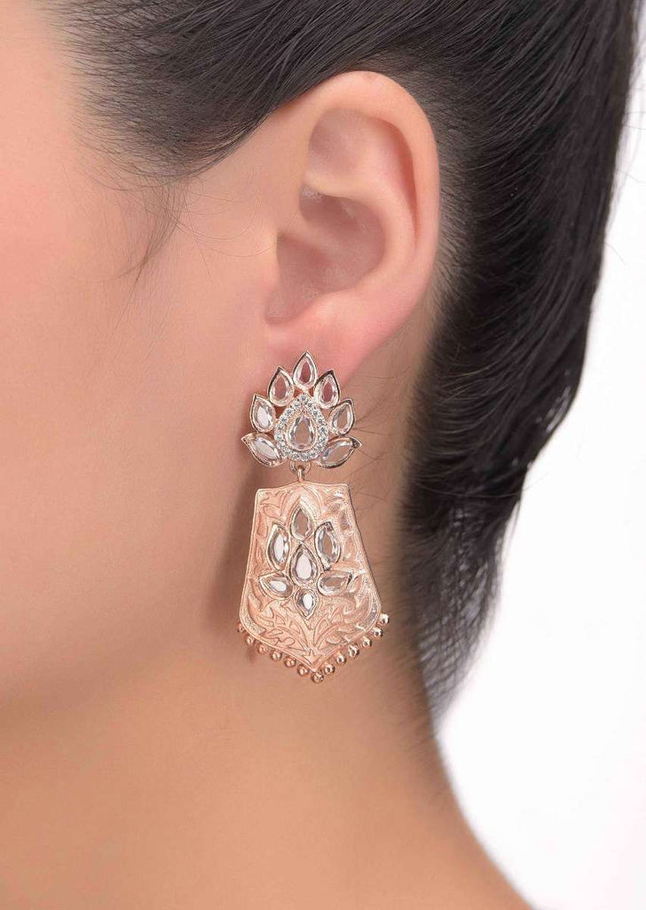 Rose Gold Plated Dangling Earrings With Crystal And Stones In Floral Pattern Online - Kalki Fashion