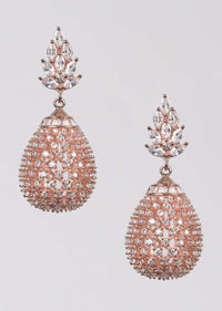 Rose Gold Plated Earrings With Stones, Crystals And Bugle Beads In Dangling Drop Pattern Online - Kalki Fashion
