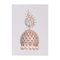 Rose Gold Plated Jhumkas With Crystals And Dangling Pearls Online - Kalki Fashion