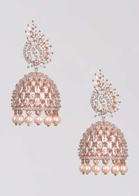 Rose Gold Plated Jhumkas With Crystals And Dangling Pearls Online - Kalki Fashion