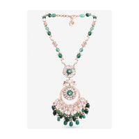 Rose Gold Plated Necklace Strung With Exquisite Pearls, Semi Precious Green Beads And Swarovski Stone By Prerto