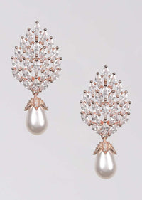 Rose Gold Plated Studs With Crystals In Leaf Motif Along With Dangling Pearl Online - Kalki Fashion