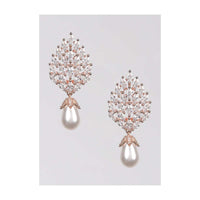 Rose Gold Plated Studs With Crystals In Leaf Motif Along With Dangling Pearl Online - Kalki Fashion