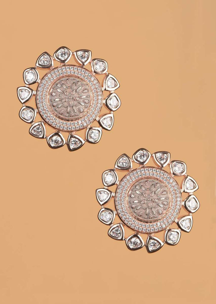 Rose Gold Plated Studs With Stones And Carved Floral Pattern Online - Kalki Fashion