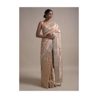 Rose Gold Saree In Georgette With Weaved Floral Jaal And Gotta Embroidered Border Online - Kalki Fashion