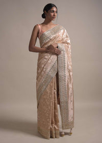 Rose Gold Saree In Georgette With Weaved Floral Jaal And Gotta Embroidered Border Online - Kalki Fashion