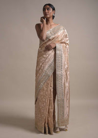 Rose Gold Saree In Georgette With Weaved Floral Jaal And Gotta Embroidered Border Online - Kalki Fashion