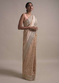 Rose Gold Saree In Georgette With Weaved Floral Jaal And Gotta Embroidered Border Online - Kalki Fashion