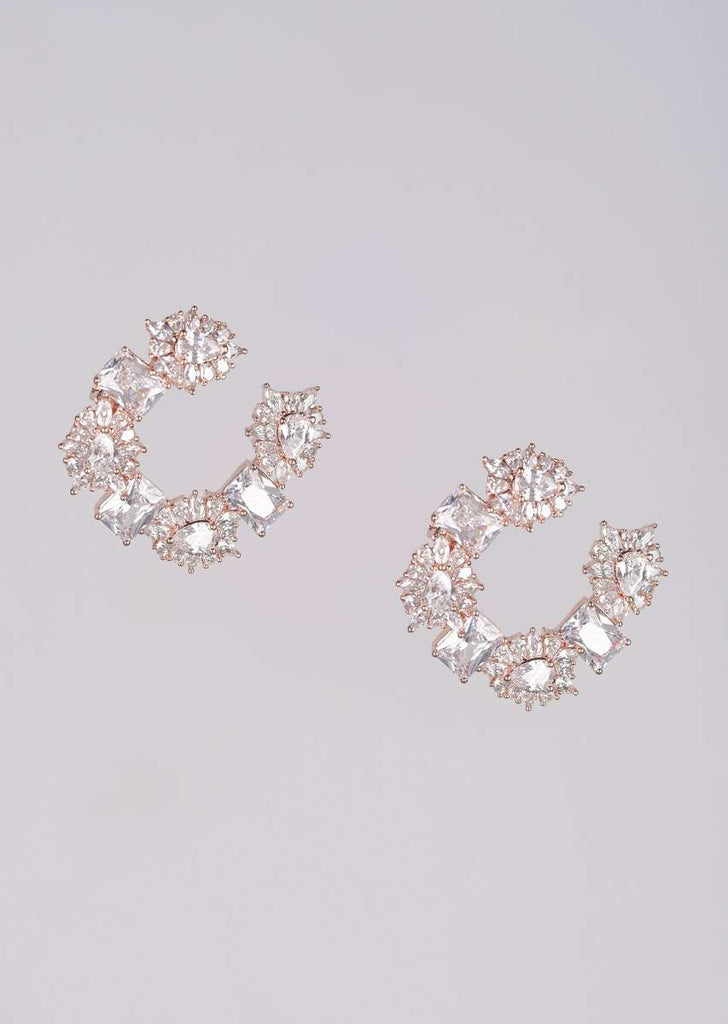 Rose Gold Studs With Bugle Beads And Crystals In Geometric And Floral Motifs In Crescent Shape Online - Kalki Fashion