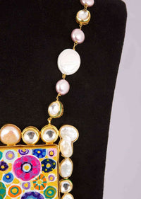 Rose Pink And White Pearl Necklace With A Wooden Hand Painted Pendant With Golden Coating Online - Kalki Fashion