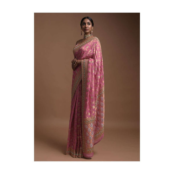 Rose Pink Banarasi Saree In Georgette With Weaved Floral Jaal Along With Kundan Work Online - Kalki Fashion