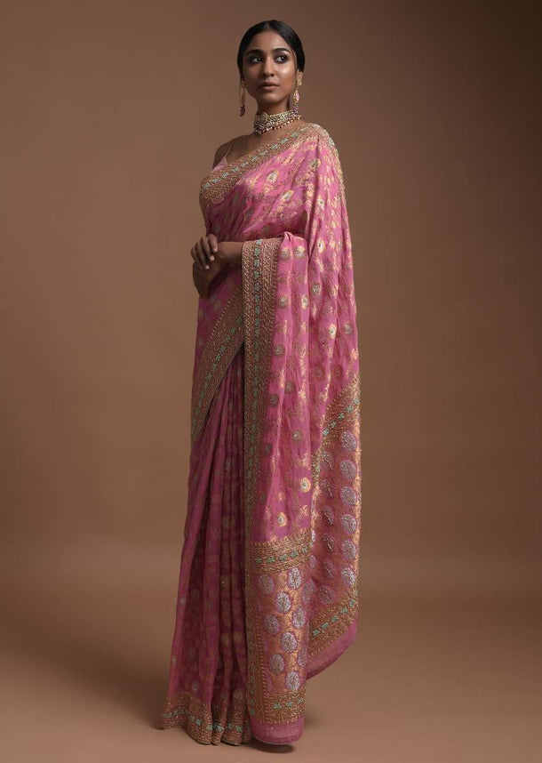 Rose Pink Banarasi Saree In Georgette With Weaved Floral Jaal Along With Kundan Work Online - Kalki Fashion