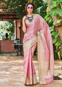 Rose Pink Banarasi Saree In Silk With Weaved Chandelier Motifs In Jaal Pattern