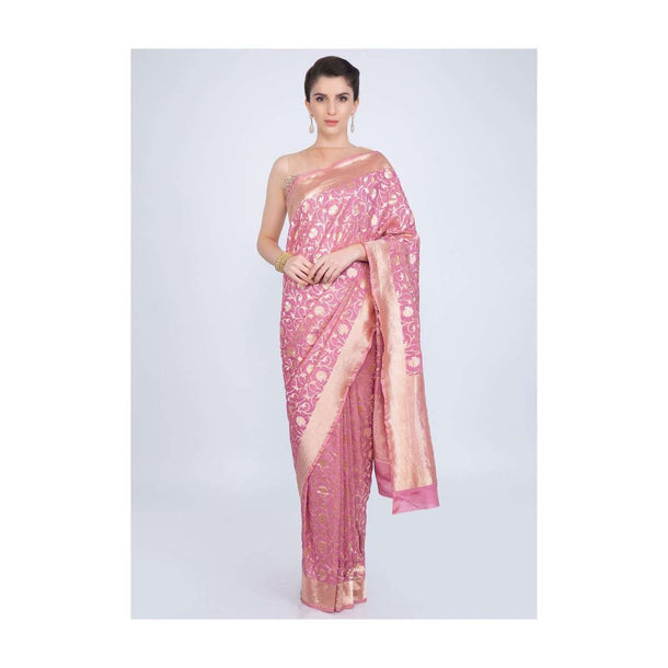 Rose pink brocade saree in floral jaal embroidery only on kalki