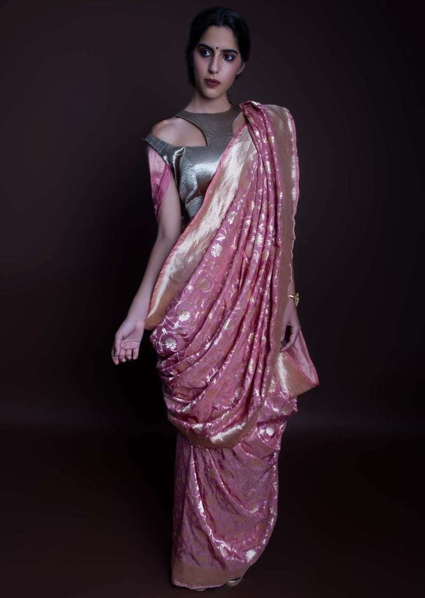 Rose pink brocade saree in floral jaal embroidery only on kalki