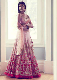 Rose Pink Lehenga Choli In Ombre Shaded Raw Silk Handcrafted With Traditional Floral Embroidery Online - Kalki Fashion