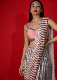 Rose Pink Ombre Ready Pleated Saree Embellished In Sequins With A Raw Silk Blouse Embellished With Sequins