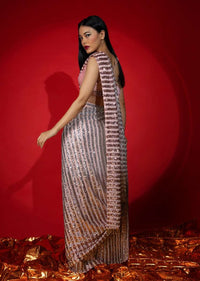 Rose Pink Ombre Ready Pleated Saree Embellished In Sequins With A Raw Silk Blouse Embellished With Sequins