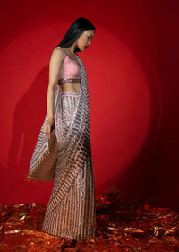 Rose Pink Ombre Ready Pleated Saree Embellished In Sequins With A Raw Silk Blouse Embellished With Sequins